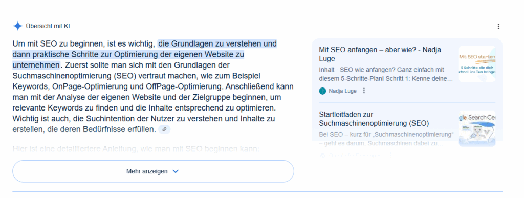AIO von Nadja Luge zur Suchanfrage "SEO, wie anfange".
