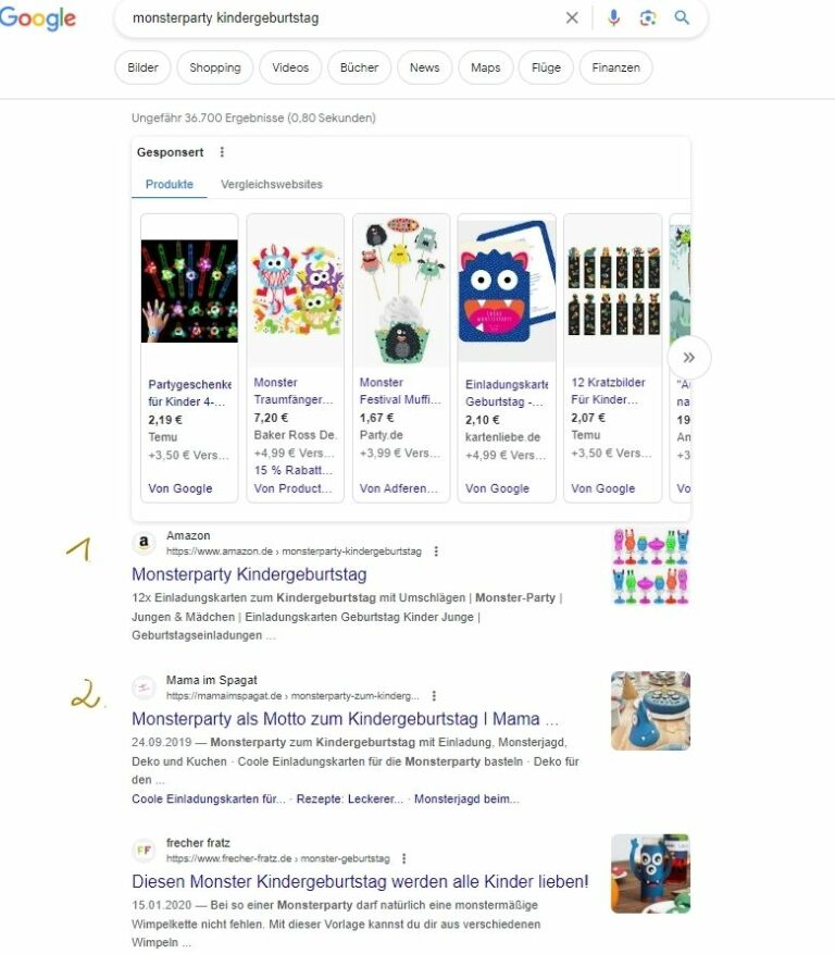 Google Ranking Beispiel zu Keyword "Monsterparty Kindergeburtstag"
